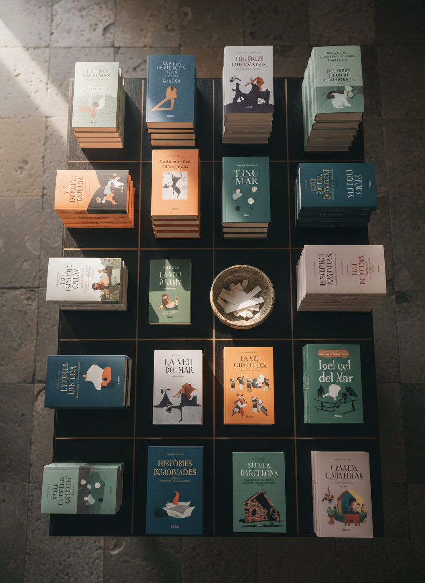 An artful overhead view of a curated book table at Llibreria La Rebel, captured in photographic realism. A dark, matte-wood tabletop anchors neatly arranged stacks and single-display books, mostly in Catalan, with covers featuring sophisticated typography and subtle colors rather than loud graphics. A small, tasteful ceramic bowl holds simple paper markers implying recommendations and local favorites, without readable text. Soft morning light from a nearby window washes across the table, creating gentle highlights on glossy covers and delicate shadows between stacks. The mood is contemplative and discerning, suggesting careful selection. The bird’s-eye composition creates geometric balance and clean lines, highlighting the curation and inviting the viewer to browse slowly and thoughtfully.