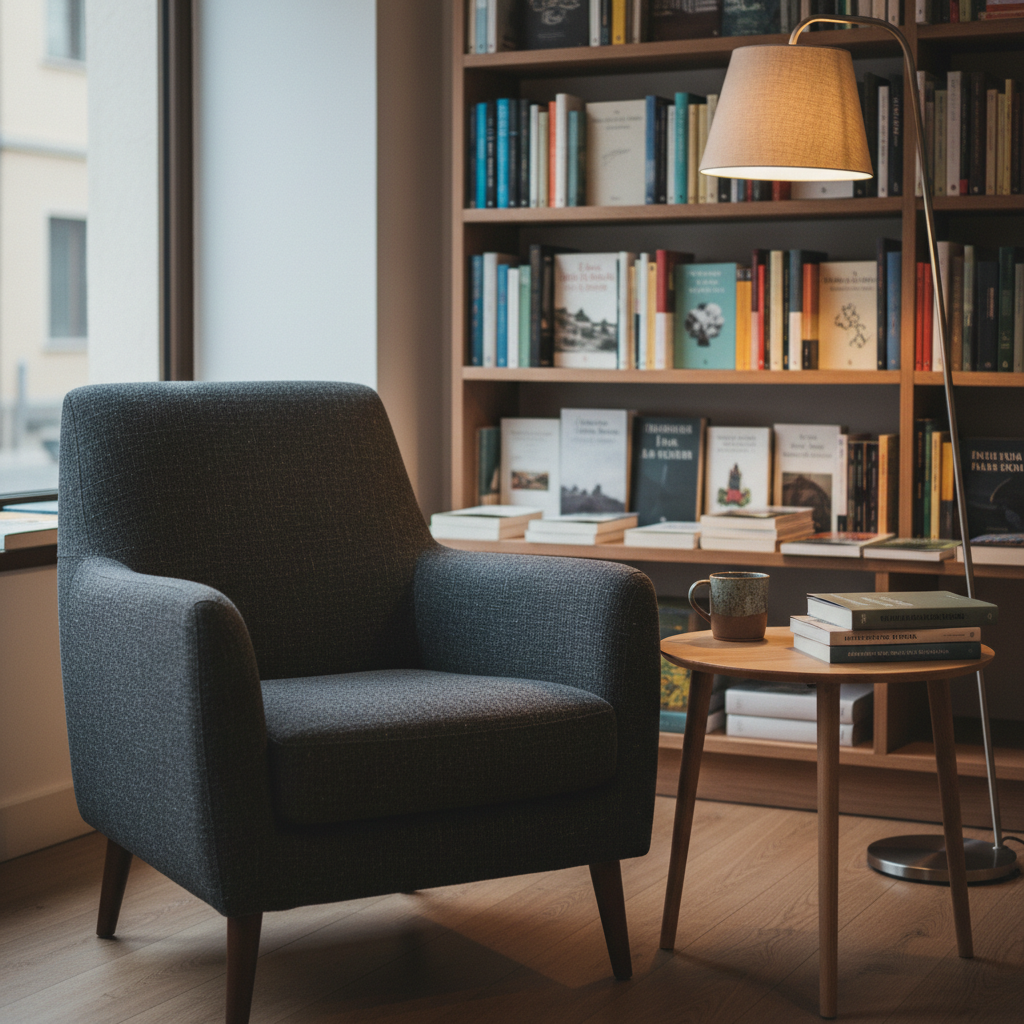 A cozy reading corner inside a small Llinars bookstore, shown in naturalistic photographic detail. A deep charcoal armchair with a textured fabric surface sits beside a slender wooden side table holding a small stack of Catalan novels and a simple ceramic mug. Behind, a low bookcase displays a mix of literature, poetry, and local history, spines forming an understated, sophisticated palette. Soft, diffused daylight filters through a nearby window, supplemented by the warm glow of a modern floor lamp, casting intimate pools of light and gentle shadows. The mood is serene and introspective. Framed at an angle that includes both chair and shelves, with shallow depth of field focusing on the chair and nearest books, the image communicates quiet refuge and community-minded comfort.